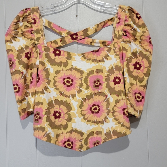 ☺️ NWOT Free People Floral Puff Sleeve Blouse - Pink and Tan - Picture 1 of 4
